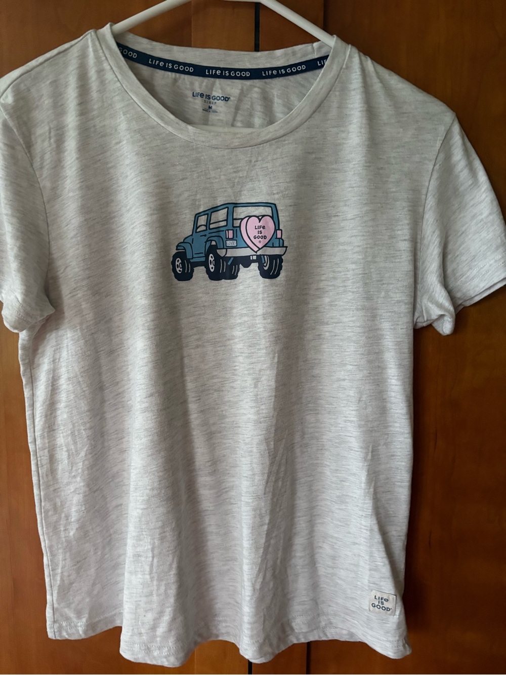 Life is Good Woman’s Light Gray Jeep Graphic Tee - Pink and Blue Jeep Accent